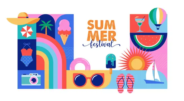 Colorful Geometric Summer Travel Background Poster Banner Summer Time Fun Stock Illustration