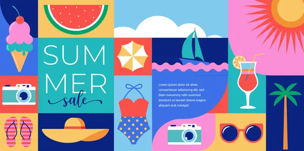 カラフルな幾何学の夏と旅行の背景 ポスター バナー 夏の楽しいコンセプトデザインプロモーションデザイン ベクトルイラスト ロイヤリティフリーのストックイラスト