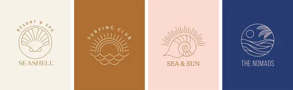 Logotipos Lineares Boêmios Ícones Símbolos Mar Oceano Praia Surf Sol Ilustração De Stock