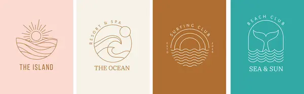 Logotipos Lineares Boêmios Ícones Símbolos Mar Oceano Praia Surf Sol Ilustrações De Bancos De Imagens Sem Royalties