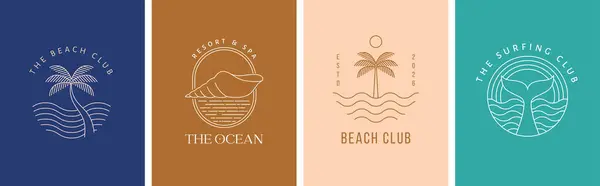 Logotipos Lineares Boêmios Ícones Símbolos Mar Oceano Praia Surf Sol Vetores De Stock Royalty-Free