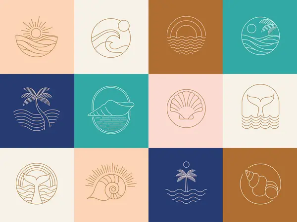 Logotipos Lineares Boêmios Ícones Símbolos Mar Oceano Praia Surf Sol Vetor De Stock