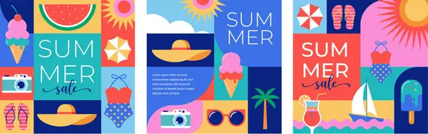 Colorful Geometric Summer Travel Background Story Templates Cards Posters Banners Stock Vector