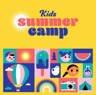 Çocuklar yaz kampı konsepti tasarımı. Geometrik stil renkli çizimler, simgeler. Afiş, ilan, poster ve sosyal medya şablonu. Vektör illüstrasyonu