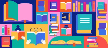 Kitap festivali, kitap satışı, okul konsepti tasarımı. Renkli geometrik biçim vektör tasarımı ve çizimleri