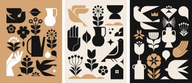 Siyah, altın ve beyaz modern sembolist tasarım. Modern İskandinav tarzında minimalist siyah çizimler. Vektör Linocut, lino baskı konsepti. Yazdırılabilir duvar dekoru, kartlar, giyim tasarımları