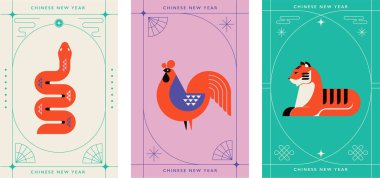 Çin burcu burç koleksiyonu, geometrik minimalist tarzda. Çin Yeni Yılı 'nın hayvan sembolleri. Maskotlar: tavşan, ejderha, yılan, kaplan, öküz, fare, domuz, köpek, horoz, maymun, keçi, at