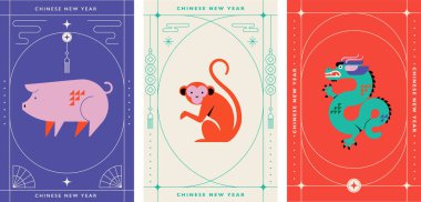 Çin burcu burç koleksiyonu, geometrik minimalist tarzda. Çin Yeni Yılı 'nın hayvan sembolleri. Maskotlar: tavşan, ejderha, yılan, kaplan, öküz, fare, domuz, köpek, horoz, maymun, keçi, at