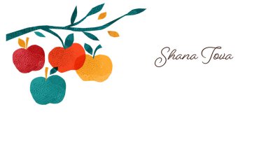Rosh Hashanah, Rosh Hashana, Yahudi Yeni Yılı. El çizimleri, vektör tasarımı. Elma ve nar, Yahudi Yeni Yıl sembolleri ve vektör simgeleri