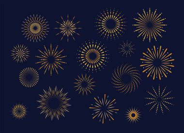 Simgelerden oluşan havai fişekler, semboller. Kutlama, kazanan, yeni yıl partisi, yıldönümü posteri ve pankart tasarımı. Çin yeni yılı soyut geçmişi. Vektör illüstrasyonu