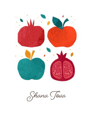 Rosh Hashanah, Rosh Hashana, Yahudi Yeni Yılı. El çizimleri, vektör tasarımı. Elma ve nar, Yahudi Yeni Yıl sembolleri ve vektör simgeleri