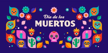 Ölüler Günü, Dia de los Muertos, Meksika bayramı. Poster, pankart ve kart, modern geometrik tarzda, kafatasları, kilise, gitar ve çiçeklerle. Vektör illüstrasyonu