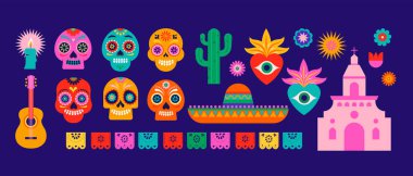 Ölüler Günü, Dia de los Muertos, elementlerin koleksiyonu, Meksika tatili için ikonlar. Kafatası, kilise, gitar ve çiçeklerle modern geometrik tarzda vektör posteri, afiş ve kart. Vektör