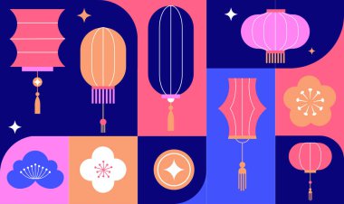 Sonbahar ortası festivali afişi, arkaplan ve poster. Geometrik stil, dolunay, tavşan ve sonbahar ortası elementleriyle modern vektör tasarımı. Çince çeviri - Güz ortası