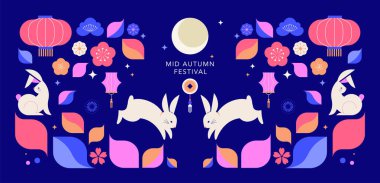 Mid Autumn festival banner, background and poster. Geometric style modern vector design with full moon, rabbits and Mid-Autumn elements. Chinese translation - Mid Autumn clipart