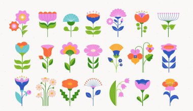 Modern Çiçekler çizimleri. Geometrik, düz stil tasarım, halk motifi, parlak ve renkli çiçekler. Parmak izleri, posterler, kartlar. Vektör illüstrasyonları