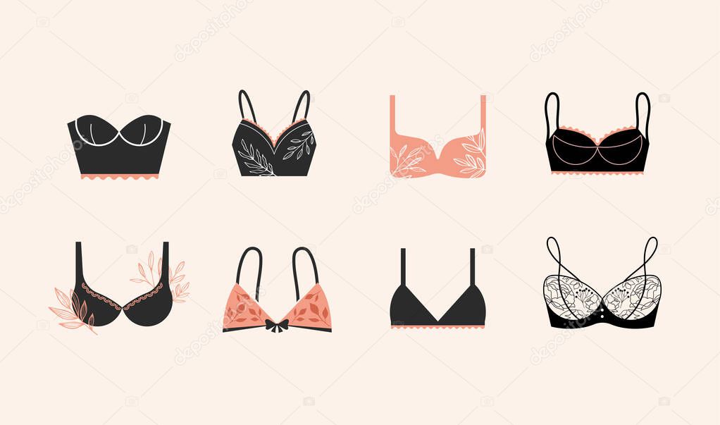 Lingerie, intimate wear, underwear and bra, brassiere, camisole, logos set. Retro, luxury vintage style. Collection of hand drawn vector design and illustrations