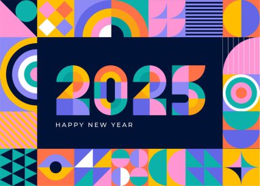 Mutlu yıllar 2025. Geometrik modern tarz tasarımı, konsept çizimi, afiş, poster ve arkaplan. Vektör tasarımı