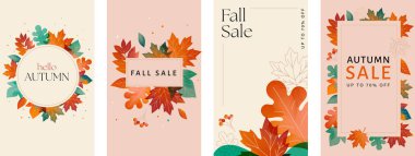 Sonbahar, sonbahar arkaplanı, dikey tasarımlar, kartlar, afişler. Sonbahar yaprakları deseni, manzara, satış şablonu. Vektör illüstrasyonu, afişler, hikaye şablonları