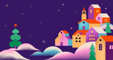 Mutlu Noeller ve mutlu yıllar. Renkli geometrik tarzlı kış köylü Noel arkaplanı kavramı. Evler, ağaçlar, dekorasyon unsurları. Vektör düz biçim Illustration