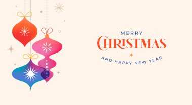 Mutlu Noeller ve mutlu yıllar. Renkli Xmas süsleri ve süslemeleri olan bir Noel arkaplanı düşünün. Vektör düz biçim Illustration