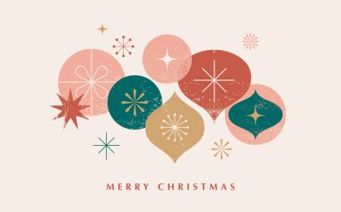 Mutlu Noeller ve mutlu yıllar 2025. Soyut klasik arka plan, tipografi, minimalist Noel süslemeleri, ağaçlar ve süslemeler. Retro elle çizilmiş vektör çizimi. Modern