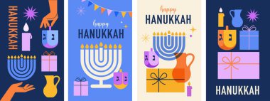 Mutlu Hanuka bayrağı, dikey kartlar, arka plan, posterler. Geleneksel tatil için modern vektör tasarımı. Menorah, güvercin, mumlar ve dreidel çizimler. 