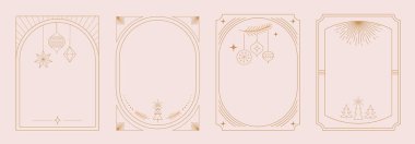 Noel Sanatı çerçeveleri, Mutlu Noeller, davetiyeler. Doğrusal vektör çerçevelerinin toplanması, kart tasarımı. Zarif, lüks yazdırılabilir vektör tasarımı
