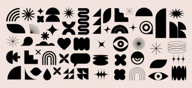 Brutalist soyut geometrik şekillerin ve elementlerin toplanması. Modern, minimalist çağdaş siyah ve beyaz ilkel geometrik şekiller ve elementler. Vektör konsepti tasarımı