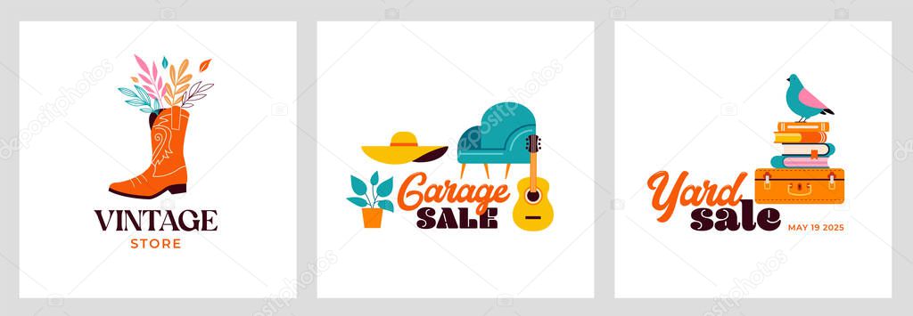 Garage Sale, Yard sale, Second Hand, Vintage store, logos, posters, flyers, post templates. Retro style concept vector design and illustration