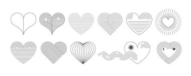 Boho Sevgililer Günü soyut doğrusal sanat kalpleri. Minimalist geometrik sevgililer günü kalp sembolleri, elementler. Aşk, düğün, sevgililer günü konsepti illüstrasyon ve vektör tasarımı