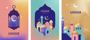 Ramazan Kareem. Modern geometrik İslami tebrik kartı şablonu ve duvar kağıdı tasarımı. Poster ve sosyal medya afişi vektör illüstrasyonu