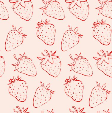Kusursuz çilek deseni. El çizimi renkli, kırmızı, pembe çilek deseni ve arka plan. Vektör illüstrasyonu