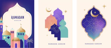 Ramazan Kareem. Modern İslami tebrik kartı şablonu ve duvar kağıdı tasarımı. Poster ve sosyal medya afişi vektör illüstrasyonu