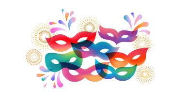 Renkli maskeli ve havai fişekli bir pankart. Modern vektör şablonu arka planı