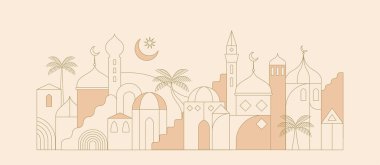 Sanat tarzında Ramazan Kareem geçmişi. Modern doğrusal İslami tebrik kartı şablonu ve duvar kağıdı tasarımı. Poster ve ortam pankartı vektör illüstrasyonu