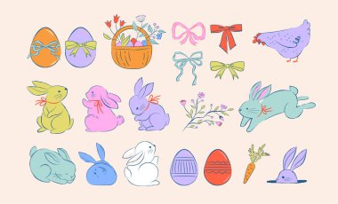 Paskalya tasarımı, el çizimi tavşanların, yumurtaların, yayların, çiçeklerin ve sepetin tatlı çizimleri dolce vita şirin tarzda, pastel renkler vektör çizimlerinin seti