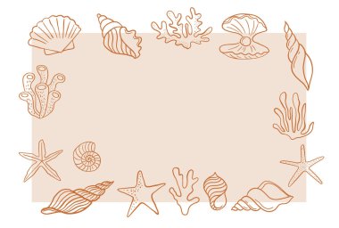 Boho el çizimi deniz, okyanus, güneş, deniz kabuğu ve palmiye tasarımı çizimleri, desen, minimalist soyut tasarım. Vektör sanatı, simgeler ve çizimler