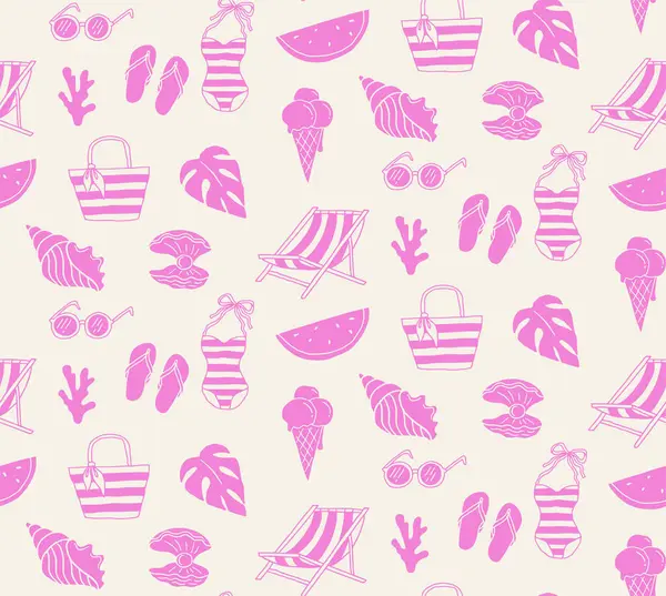 Yaz, sahil, deniz ve okyanus pürüzsüz desen. El yapımı deniz kabukları, sörf tahtası, mercanlar, mayo, karpuz ve palmiye yaprağı çizimleri. Tekstil tasarımı, soyut doku arkaplanı. Vektör tasarımı