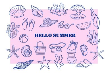 El çizimi deniz, okyanus, güneş, deniz kabuğu ve palmiye tasarımı çizimler, desen, minimalist soyut tasarım. Vektör sanatı, simgeler ve çizimler