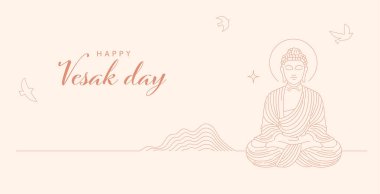 Buddha Purnima, Vesak Günü minimalist konsept tasarımı Buda ve lotus çizimi, soyut arka plan, afiş, poster ve el ilanı. Vektör tasarımı