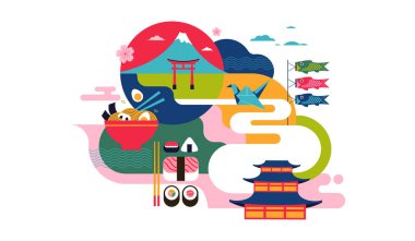 Japonya Seyahat ve Kültür Arkaplanı. Geleneksel Japon Simgeleri, Gıda ve Sembolleri. Vektör İllüstrasyonu..