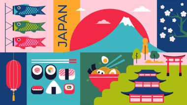 Japonya Seyahat ve Kültür Arkaplanı. Geleneksel Japon Simgeleri, Gıda ve Sembolleri. Vektör İllüstrasyonu..