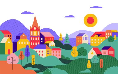 Renkli kır manzarası. Tepeli, Ağaçlı ve Geleneksel Evleri olan Manzaralı Köy. Vektör İllüstrasyonu.