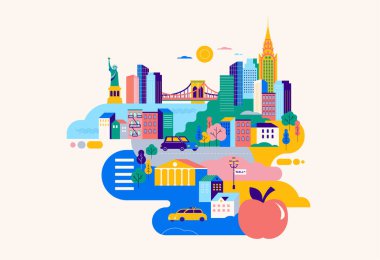New York City siluetinin canlı ve modern bir düz vektör çizimi, ikonik simgeler içerir: Özgürlük Heykeli, Brooklyn Köprüsü, ve Chrysler Binası. Seyahat ve turizm için ideal