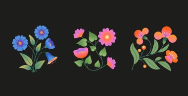 Kara Arkaplan 'da soyut Yabani Çiçekler. Renkli Düz Vektör İllüstrasyonu.