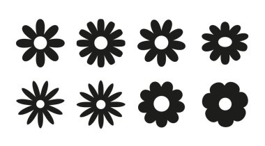 Soyut siyah beyaz çiçek koleksiyonu. Botanik çiçek ikonları ve logolar. Düz vektör illüstrasyonu.