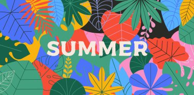 Renkli tropikal yaz geçmişi. Yaz afişi, orman yapraklı poster tasarımı. Vektör illüstrasyonu