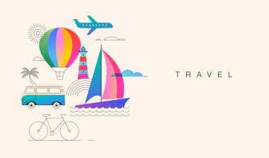 Renkli yaz tatili seyahat geçmişi. Renk eğimine sahip parlak modern vektör çizimi.