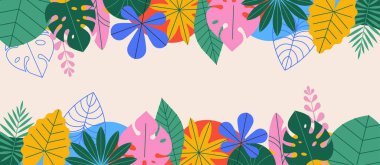 Tropik yapraklar renkli yaz arkaplanı. Botanik yazlığı, afiş, orman yapraklı poster tasarımı. Vektör illüstrasyonu